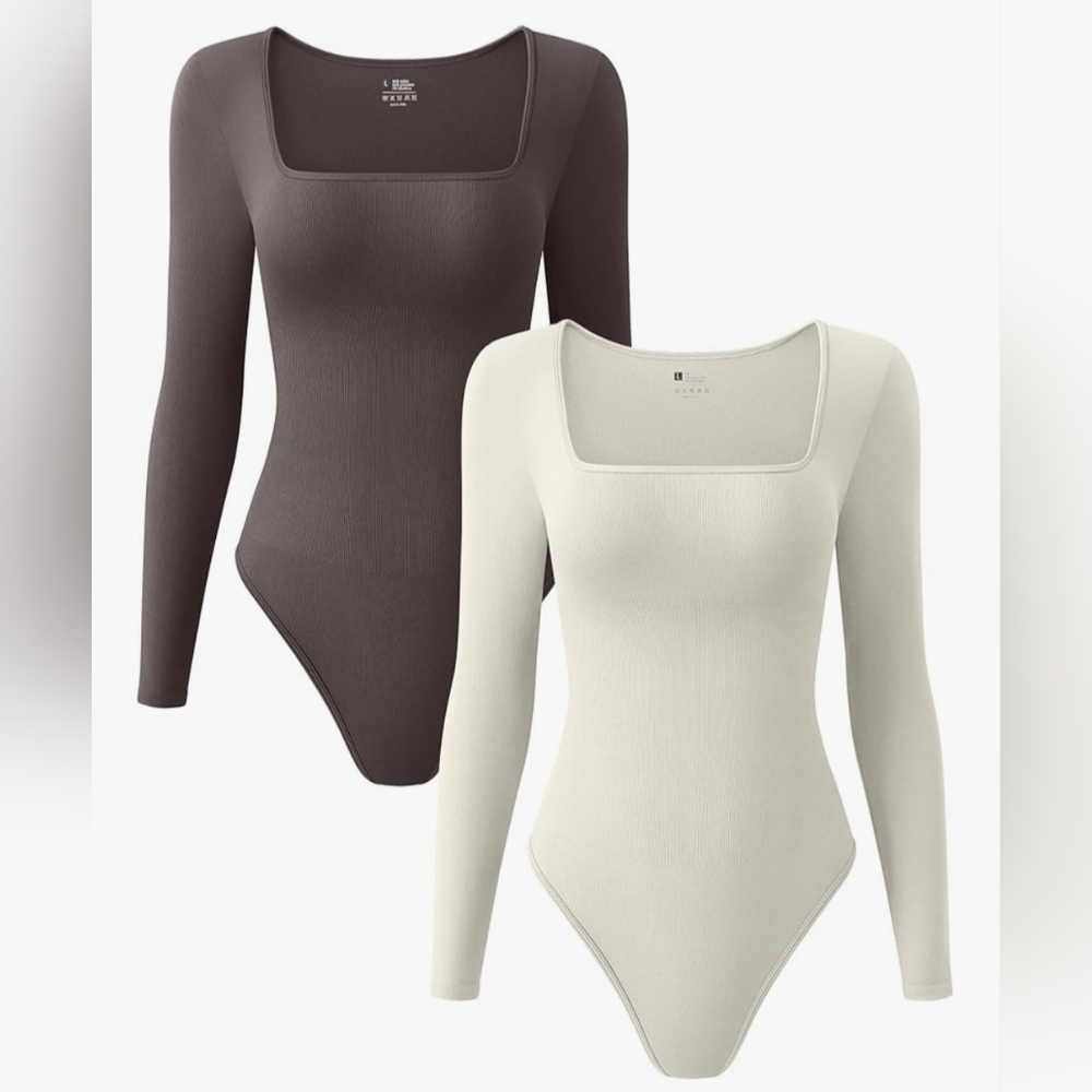 Ribbed Square-Neck Long Sleeve Bodysuit - Ivory & Brown  2 Pack Size L   L-2